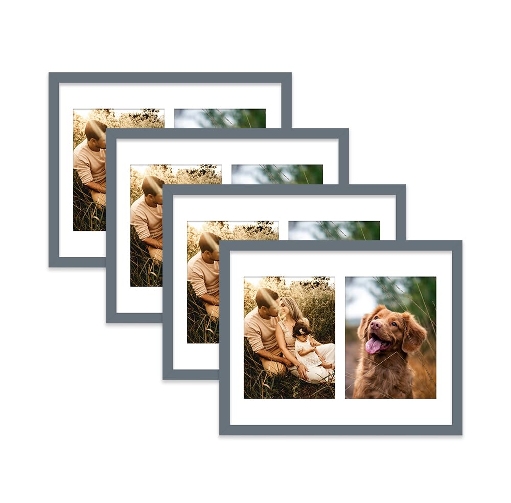 Grey Multi Photo Frame - Holds 2 x 8x6 Pictures, Family Collage Picture Frame for Wall Display, 14x11 Frame size, Set of 4