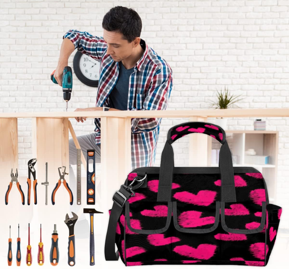 Pink Love Heart Tool Bag for Men Women Heavy Duty Multi-Pockets Wide Mouth Tool Tote Waterproof Tool Bag Organizer with Adjustable Shoulder Strap