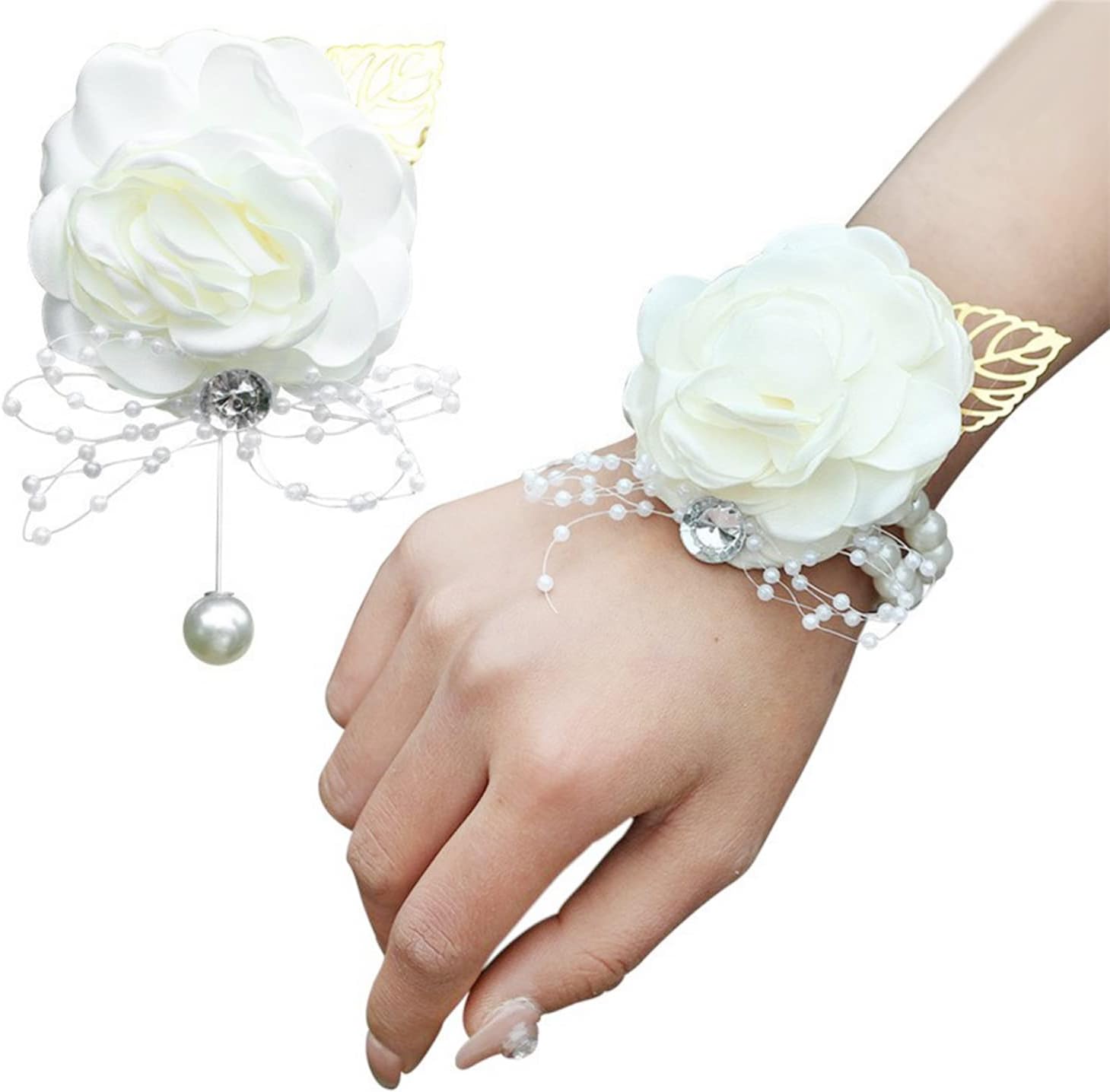 TSKDKIT 2PCS Corsage for Wedding and Prom Rose Wrist Corsage Bracelet with Pearl Wrist Band, Ribbon Flower Wrist Corsage for Women, Girls, Bridal, Bridesmaid etc