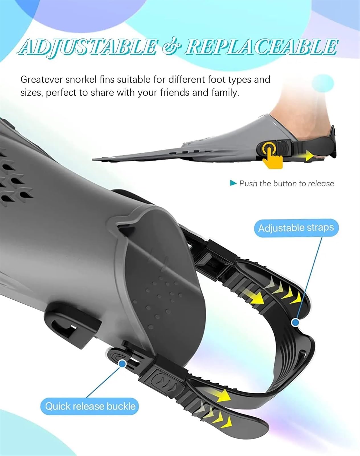 Aletas de Entrenamiento Aletas de Snorkel con Hebillas Ajustables, Aletas natación, Zapatos Buceo Cortos Silicona, tacón Abierto, tamaño Viaje for Adultos para Entrenamiento Acuático