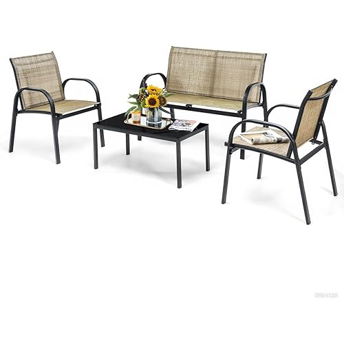 DORTALA 4 Piece Outdoor Furniture Set, Patio Conversation Set with Loveseat, 2 Single Chairs, Patio Sofa Garden Sofa Set with Steel Frame, Ideal for Balcony,Poolside, Brown