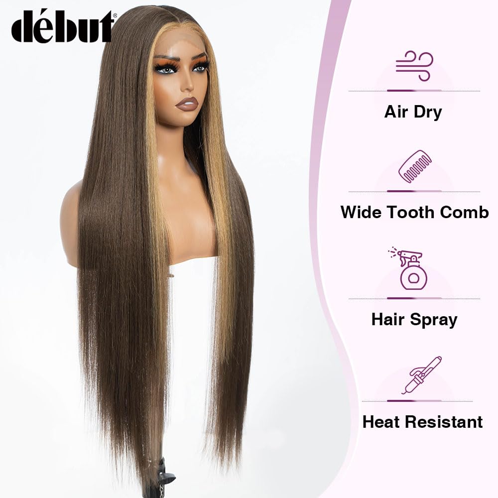 DÉBUT Light Yaki Straight Lace Front Wigs 36 Inches Super Long Wig 13x4x0.5 Middle Part Natural Hairline with Baby Hair Skunk Stripe Brown Blonde Synthetic Wig for Women