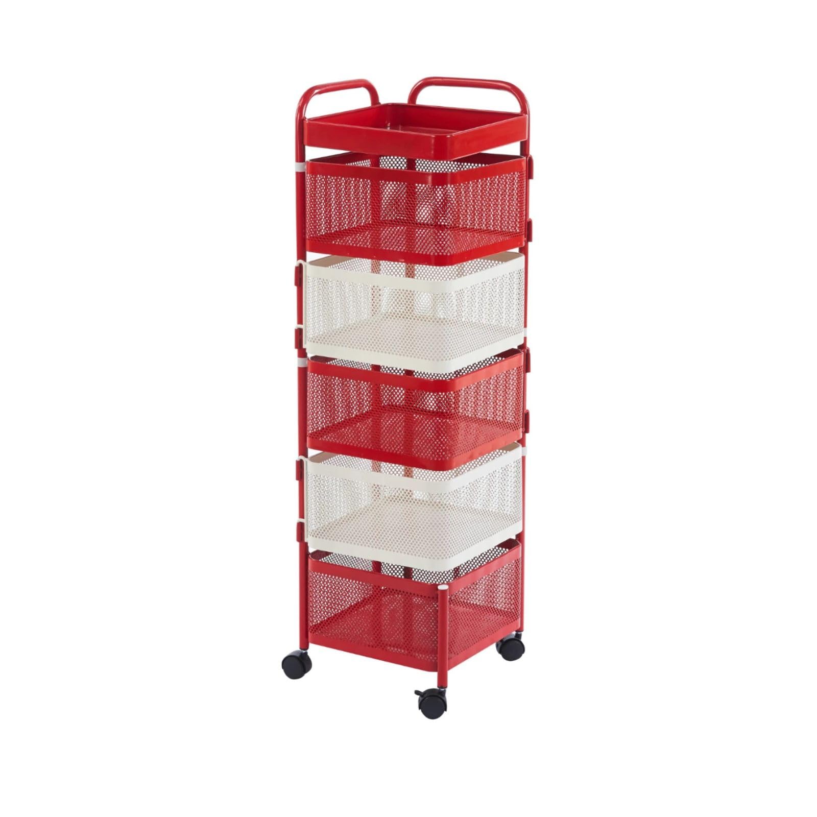 DUAS Rotating Storage Trolley Cart Kitchen Bathroom Organizer Shelf Space Saving Vegetable Storage Rack Rolling Utility Stand Red White 4 Tier 5 Tier 6 Tier (Square 6 Tier)
