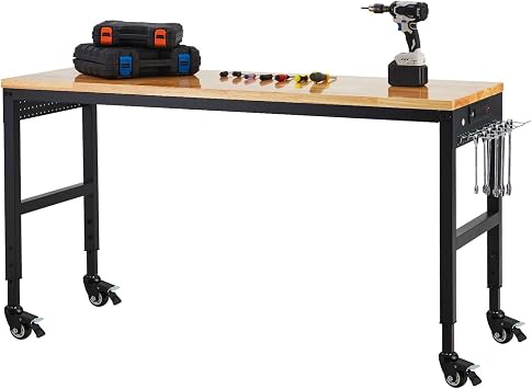 72x25 Inch Adjustable Height Workbench with Solid Oak Top, Industrial Locking Casters & Square Steel Legs, Heavy Duty Garage Work Table for Workshop, DIY, Home Office