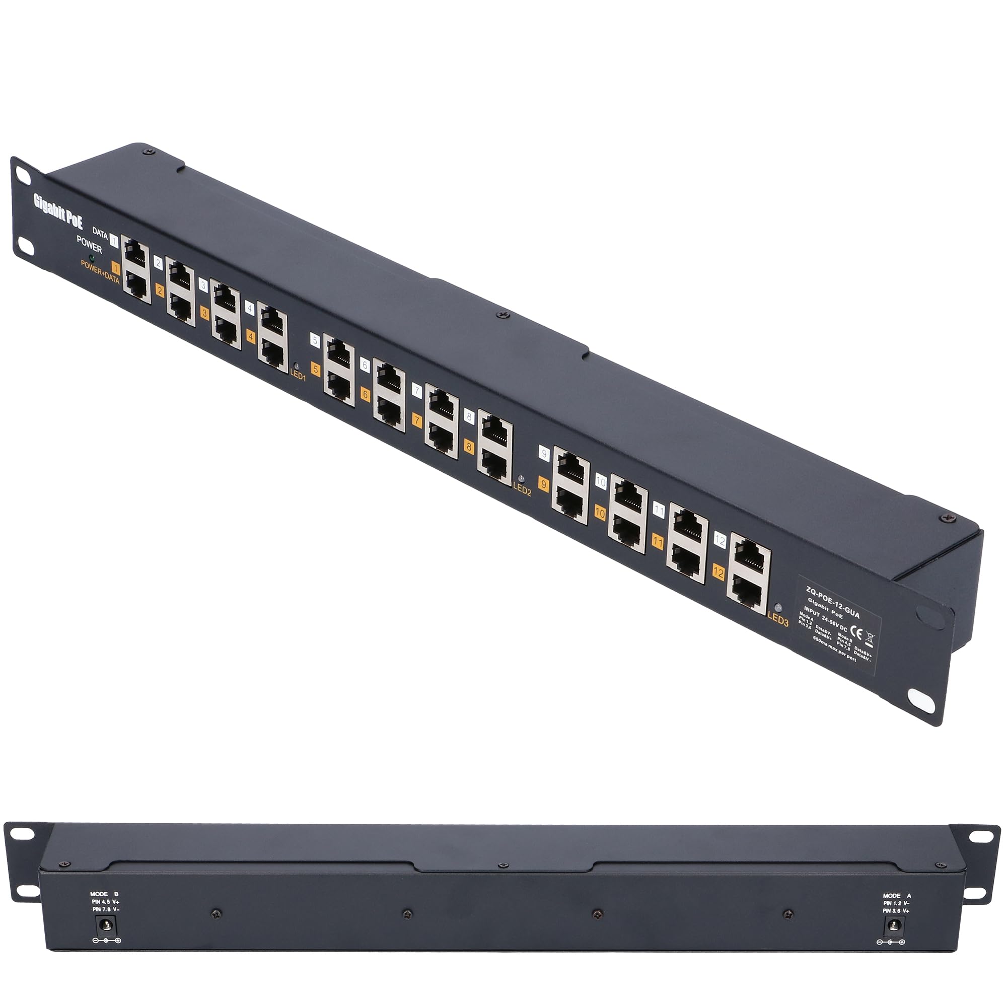 Extralink PoE Injector 12 porte Gigabit, incluso cavo, Fast Ethernet, protezione da cortocircuito e sovratensione, due porte RJ-45, adattatore PoE, iniettore PoE