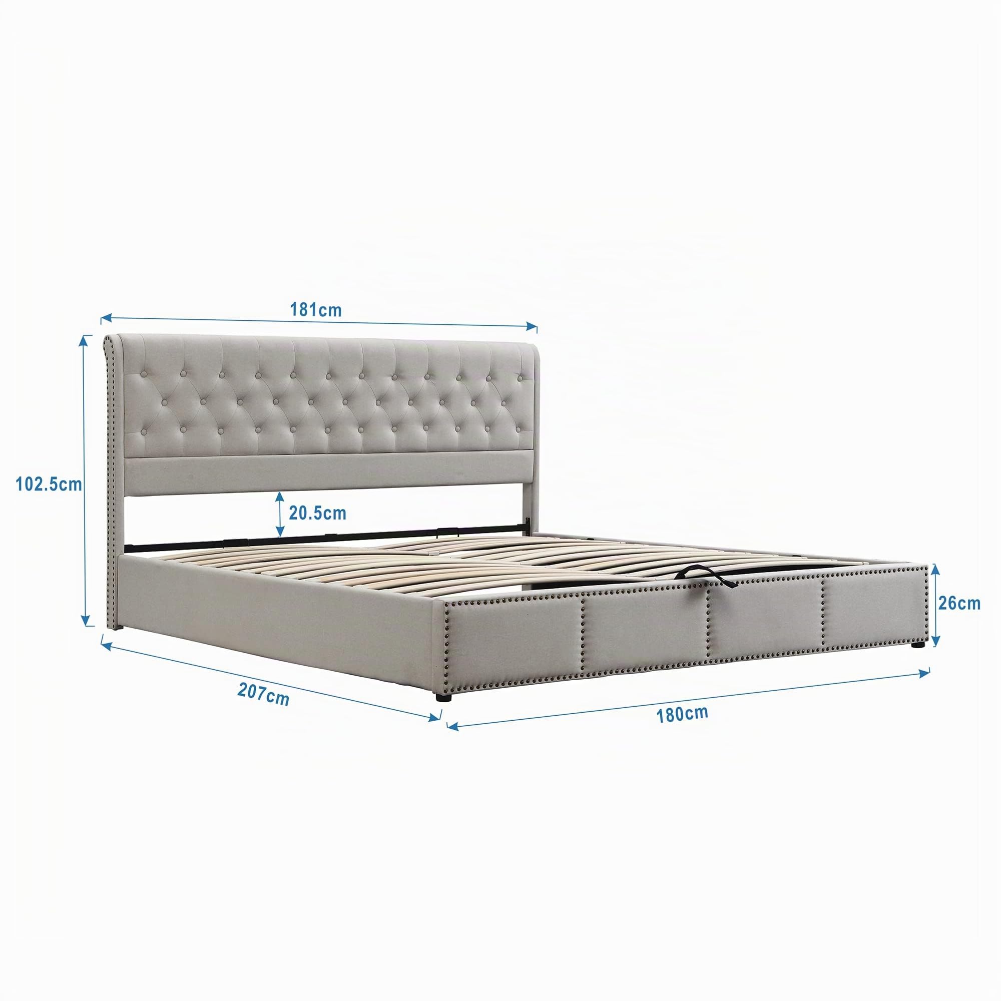 Azkoeesy Letto Matrimoniale Imbottito 180x200 cm con Contenitore, Cassone Idraulico, Doghe in Legno, Decorazione a Rivetti e Bottoni, Rivestimento in Lino, Grigio Chiaro
