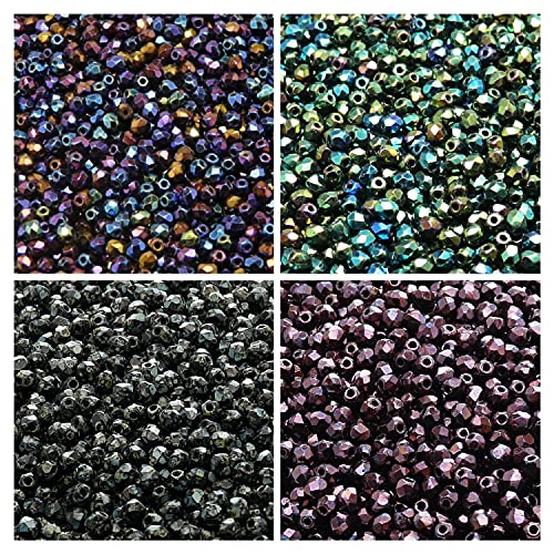 Czech Fire-Polished Faceted Glass Beads Round 3Mm. Four Colors. Total 400 Pcs. Set 3Sfp 402 (3Fp046 3Fp073 3Fp090 3Fp091) #TOP11