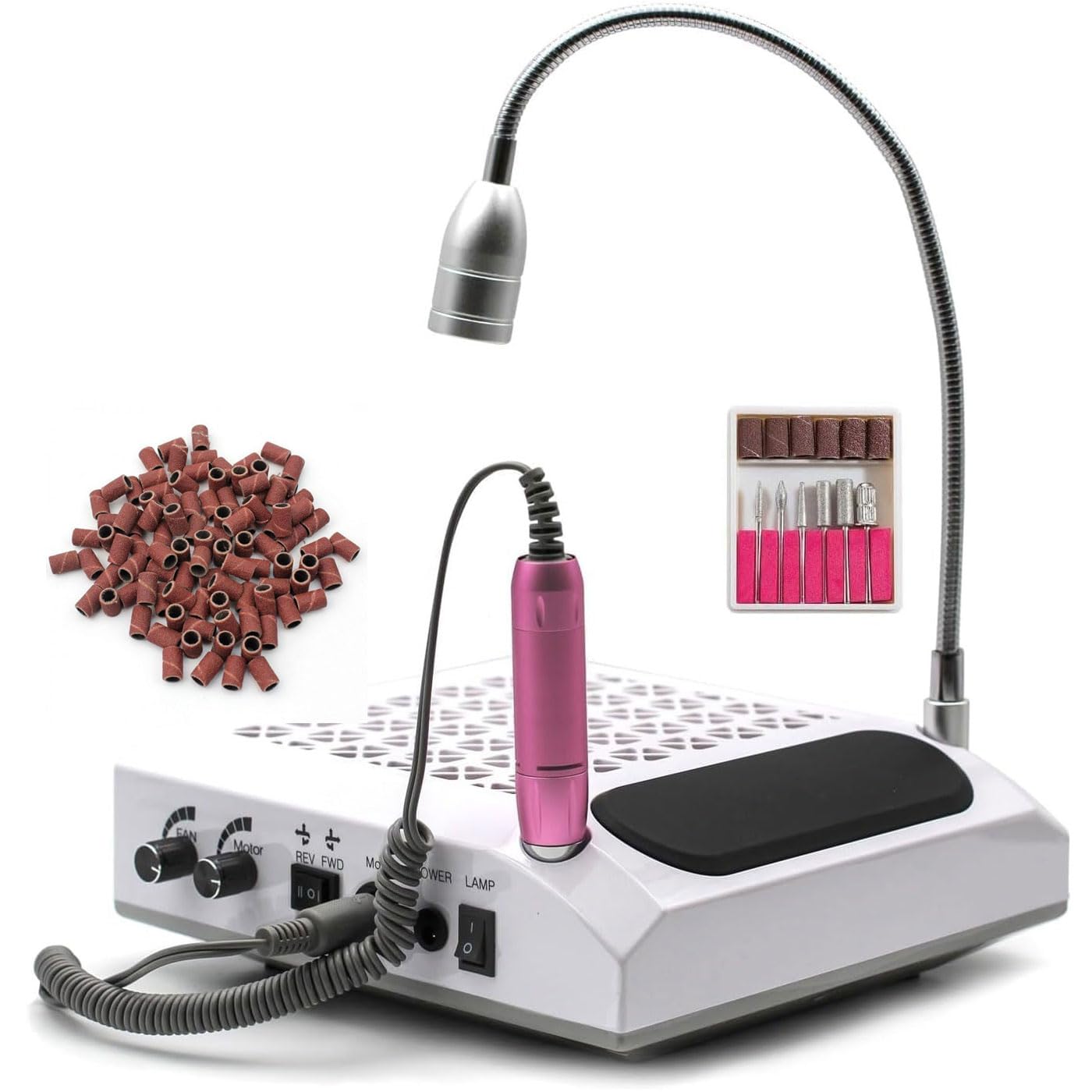 Fresa Per Unghie Professionale 4 in 1 Con Aspiratore da 60w e filtro lavabile con un Fresa Unghie Elettrico 30000 giri e Lampada Led 5w Bianco Freddo Con 100 Cilindri Abrasivi