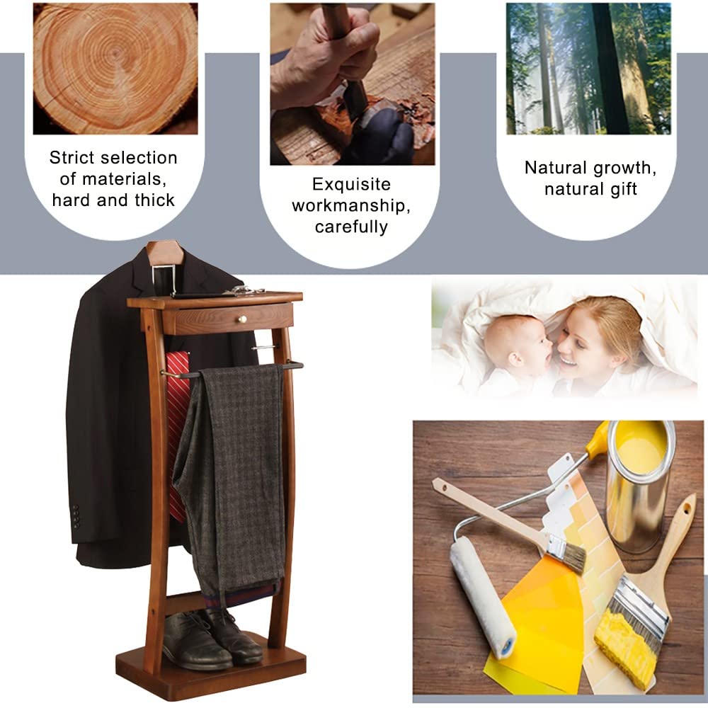 Garderobenständer, Bodenstehender Herrendiener, Kleiderständer aus Holz, Herrenanzugständer mit Kleiderbügel und Hosenstange für Büro, Wohnzimmer, Schlafzimmer, 44,4 x 30 x 112,2 cm