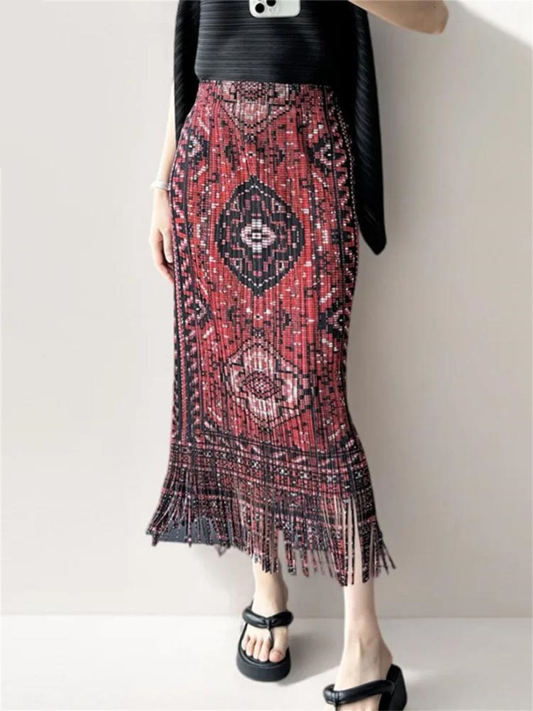 Falda midi con borlas para mujer con estampado de cintura elástica, faldas plisadas vintage