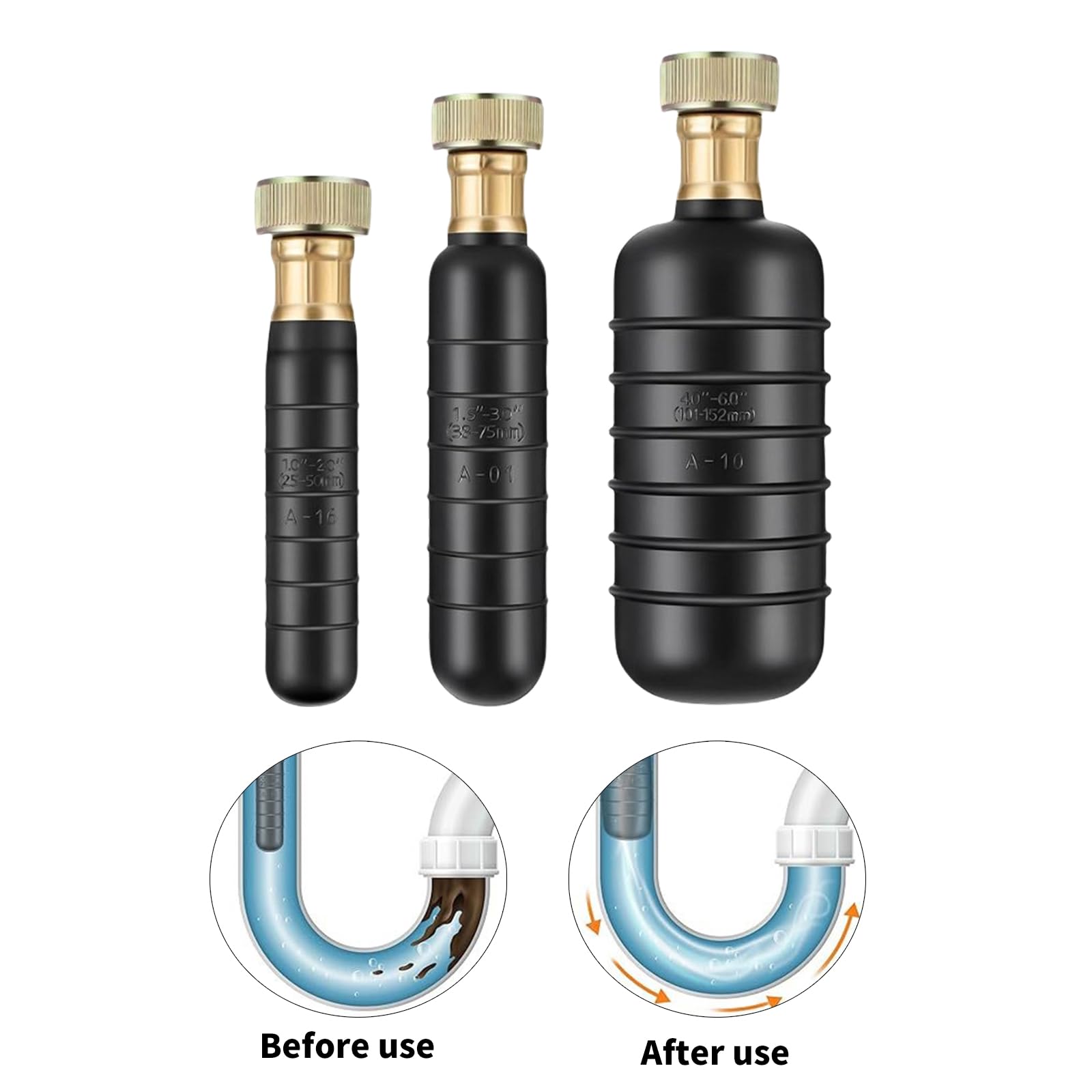 3 limpiadores de desagües de goma, vejigas de limpieza, fregaderos de baño, desagües de ducha, se adapta a vejigas de limpieza de tuberías de 1 a 6 pulgadas