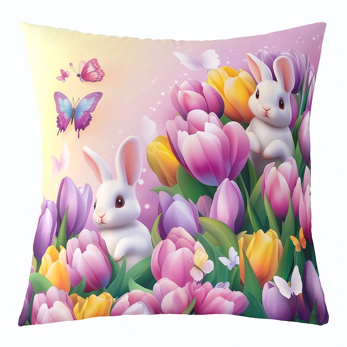 Housse de coussin 60x60 zippée lapin et tulipes pour lit enfant sans irritation