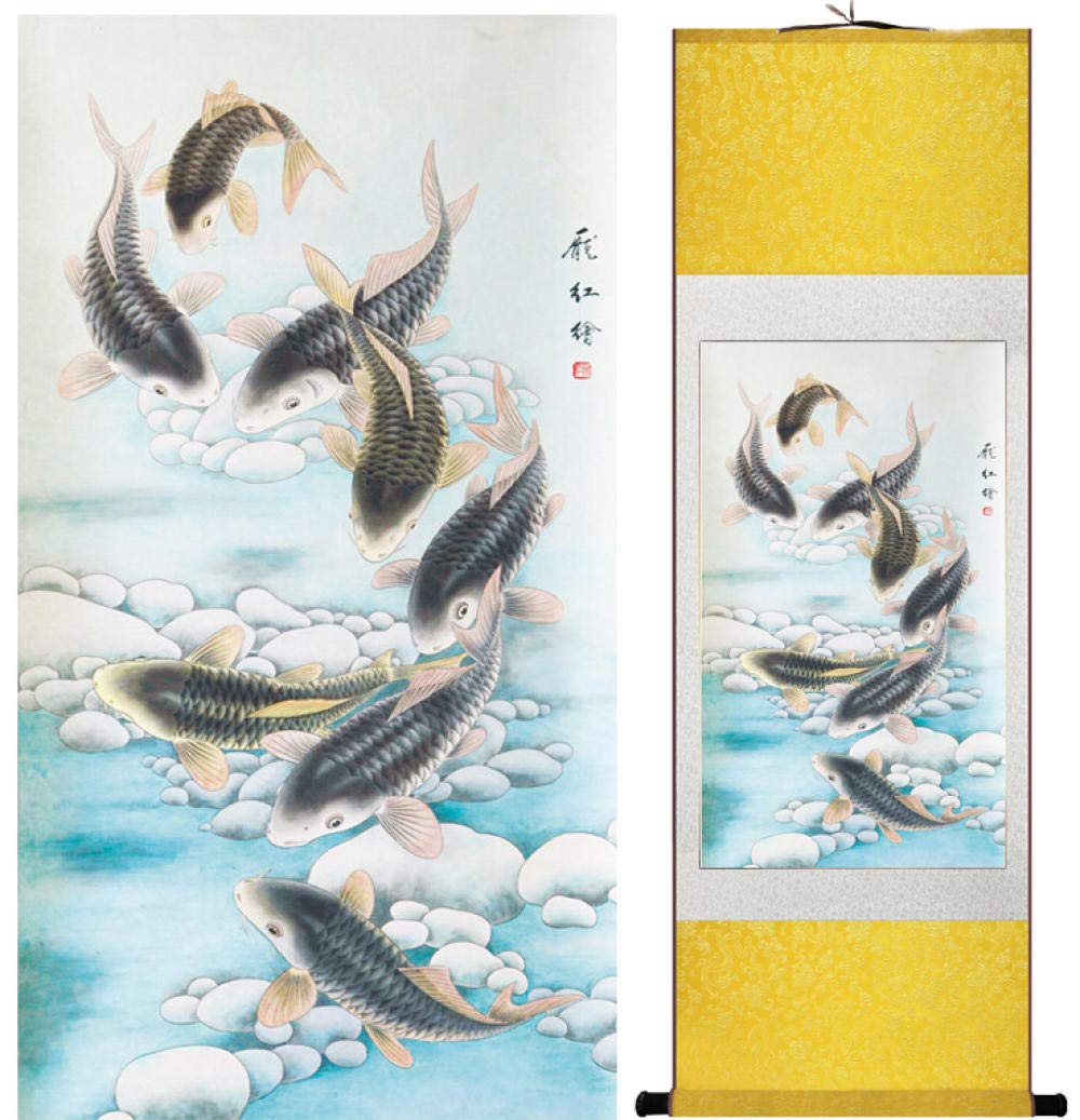 特選　絵画　魚の絵画 Amazon | 魚の絵伝統的な芸術中国の魚の報酬牡丹の花と魚の絵8匹