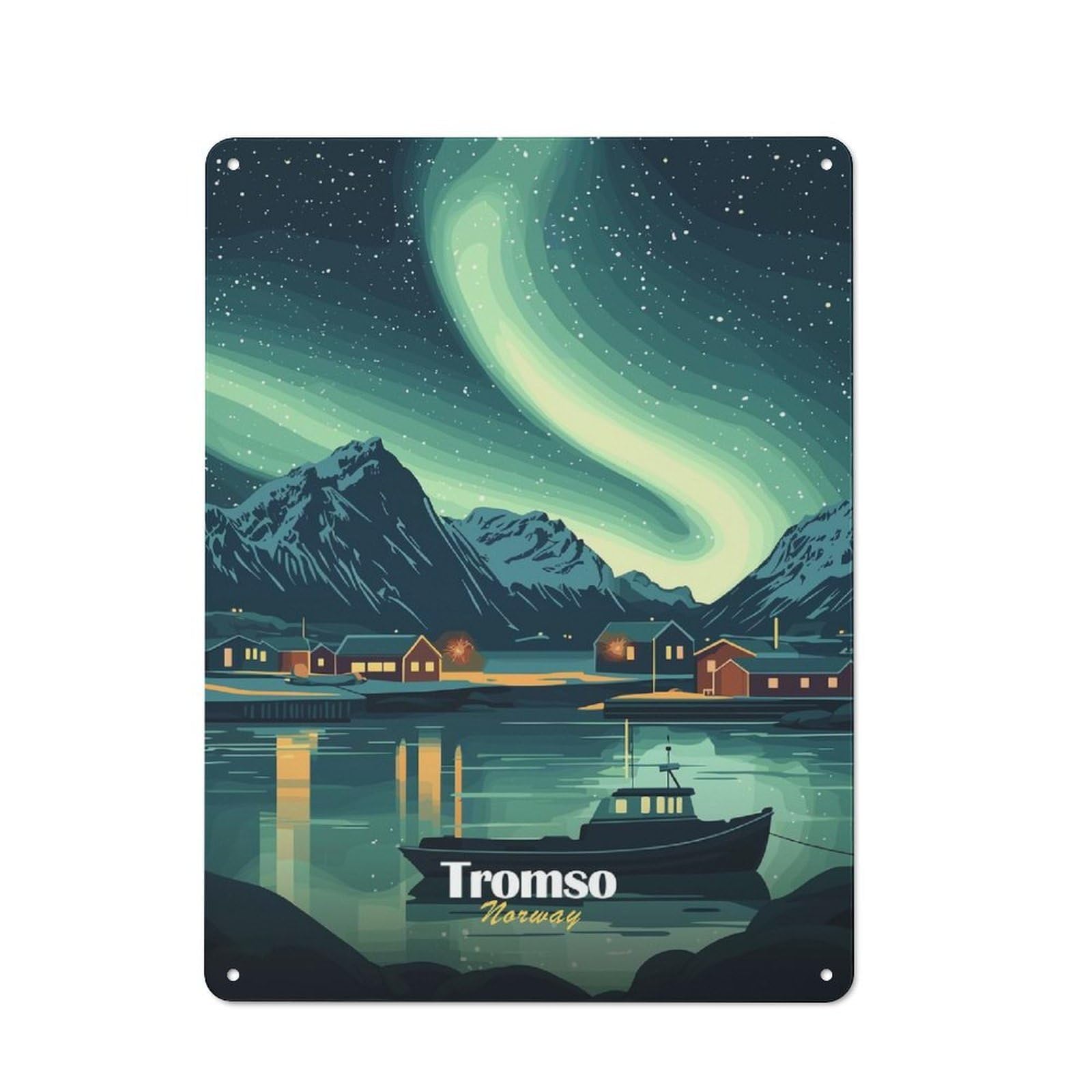 Junmoney Style-15 Tin Wall Plaque 40X30cm With Tromso, Norway Aurora Borealis For Garage Wall, With Clear Vintage Wall Decor Character