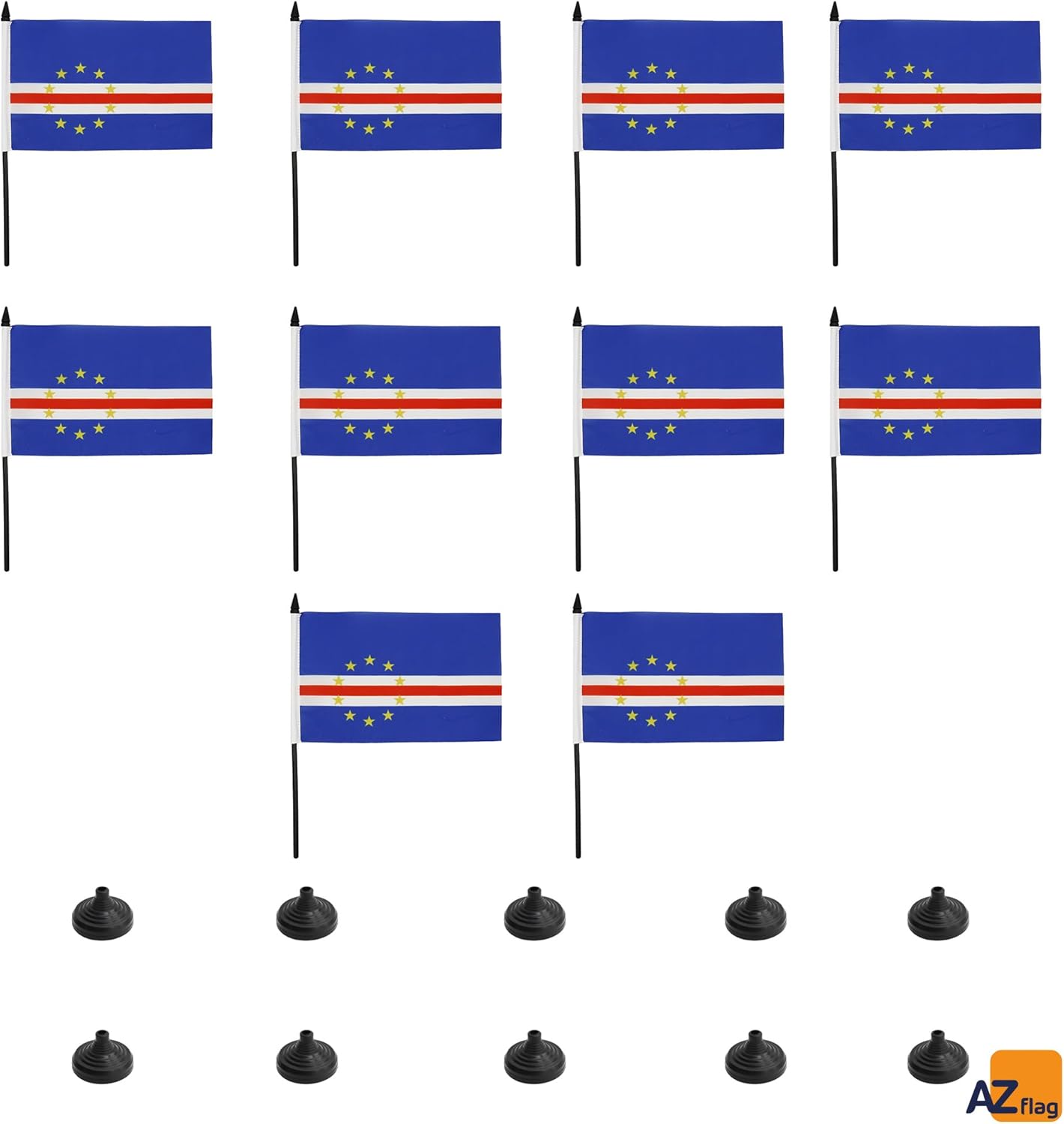 AZ FLAG Set of 10 Cape Verde Table Flags 21 x 14 cm - 10 Small Cape Verdean Office Flags 100% Polyester with 25 cm Pole and Black Plastic Base