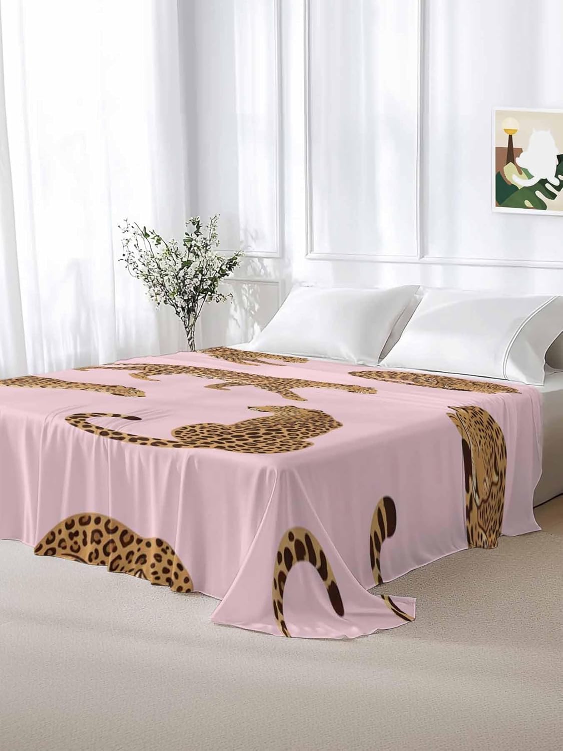 Top Sheet King Bedding Flat Sheet Only, Abstract Panthers on Pink Microfiber Bed Sheets Soft Breathable Bedding Flat Sheets, Summer Tropical Animals Hotel Luxury Top Sheets