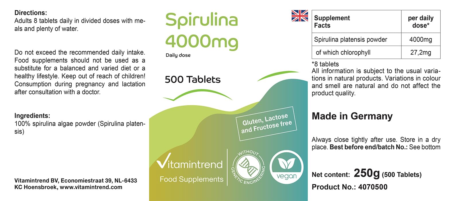 Vitamintrend Spirulina 4000 mg per dose giornaliera, 500 compresse, 100% Spirulina platensis, integratore alimentare vegano senza magnesio stearato, prodotto in Germania
