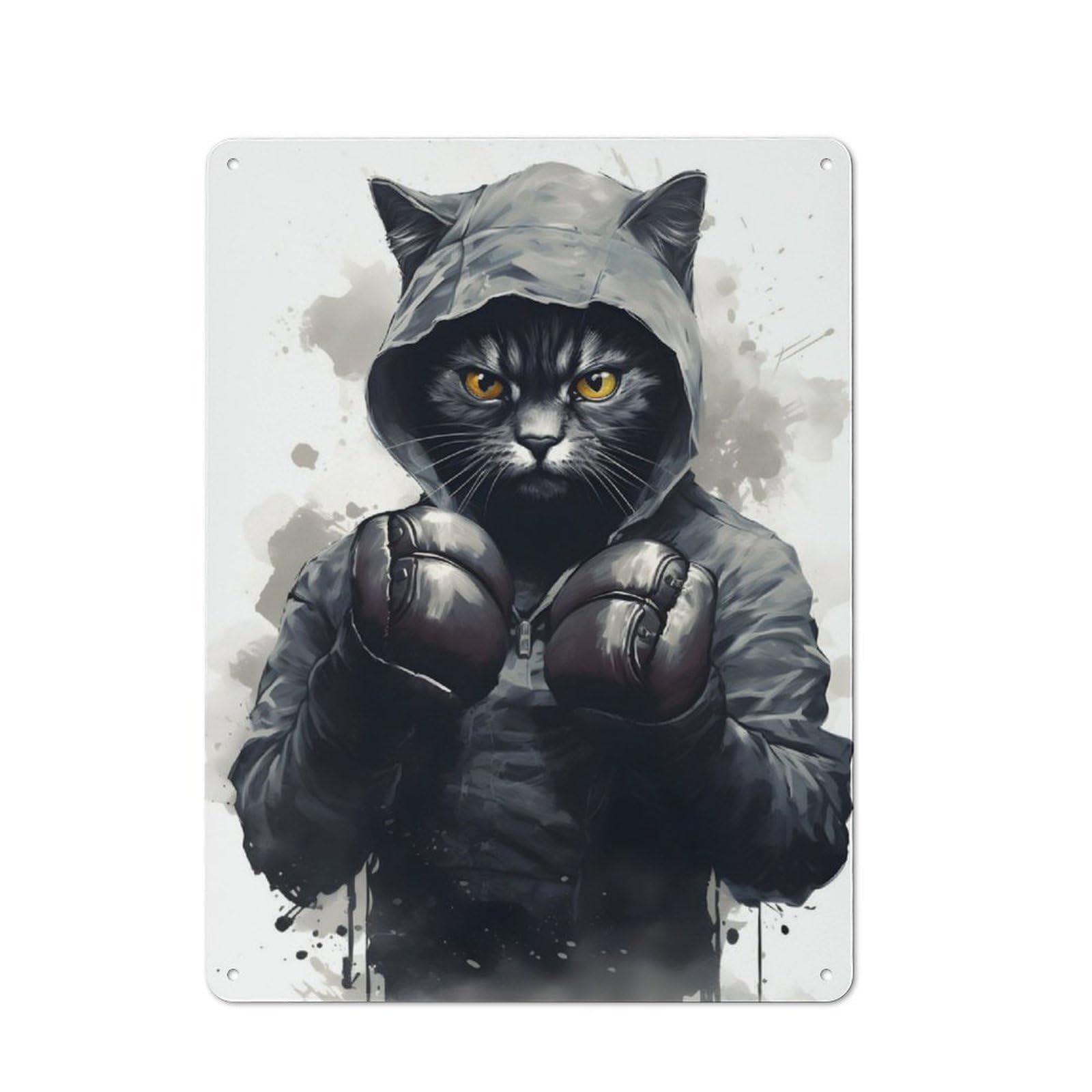 Tin Wall Plaque 40x30cm with Boxer Cat Boxing Gloves for Living Room Or Hallway, A Decorative Christmas Gift for Home Wall Decor Collectors