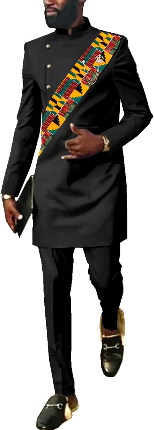 SEA&ALP African Men Dashiki Outfit 2 Piece Suit Shirt and Pants Set Slim Fit Wedding Dress Attire Clothing