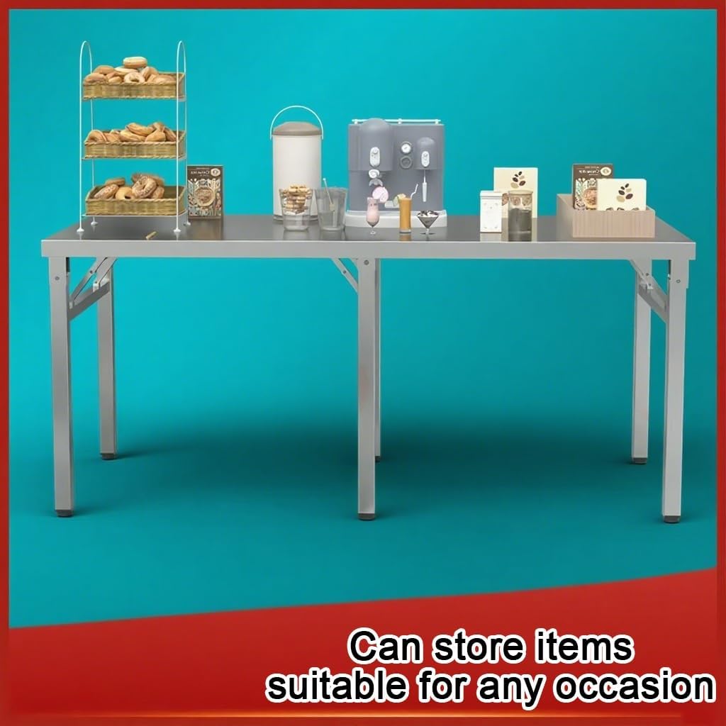 Stainless Steel Table Kitchen Work Tables Foldable Tabletop and Legs Adjustable Feet Height 55cm 6 Crossbeam Reinforcement Commercial Shelving Unit High Load Capacitility