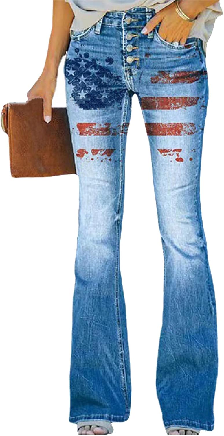Womens American Flag Print Bootcut Jeans Button Flared Jeans for July 4Th