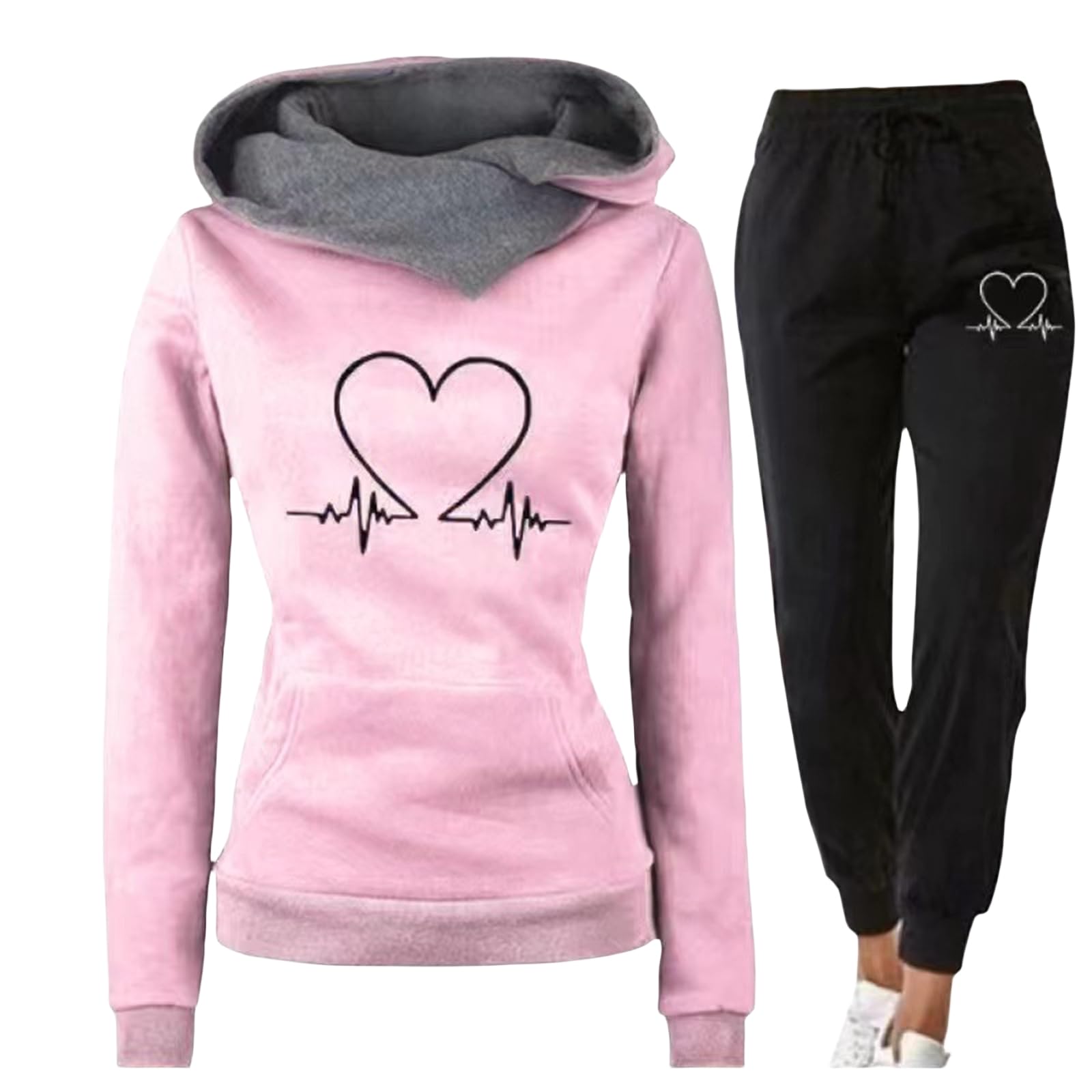Sweatsuits for Women Set 2 Piece Hoodie Matching Lounge Set Heartbeat Printed Sweatshirts Sweatpants Jogging Tracksuit