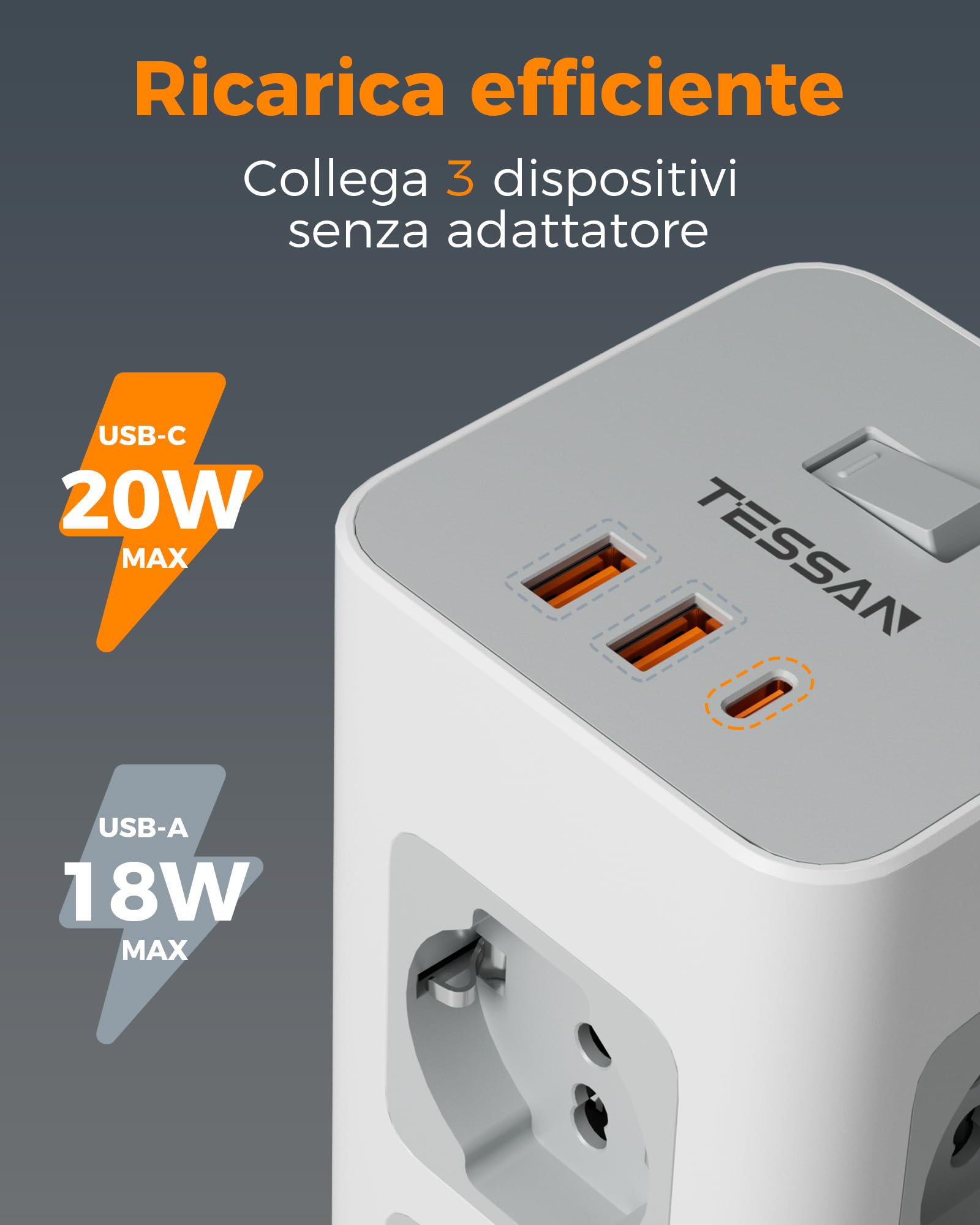 TESSAN Ciabatta Multipresa con USB 20W, Ciabatta Elettrica con 8 Prese IT 16A, Torretta Multipresa Protezione Sovratensione con Interruttore e Prolunga Elettrica 2 Metri, 3680W Presa, Girgio