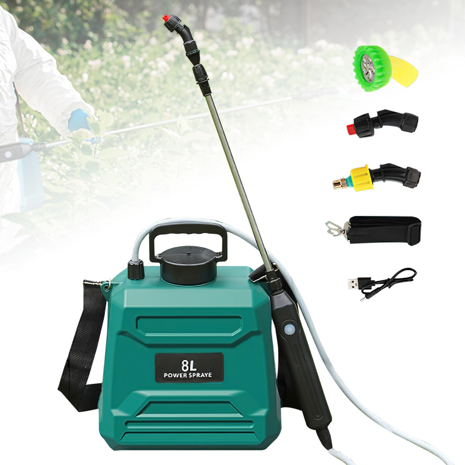 Pulvérisateur Électrique 5L/8L Rechargeable, Pulvérisateur à Dos Jardin avec 3 Buses Réglables et Canne Télescopique – Autonomie 120 Min, pour Arrosage et Désherbage (Vert - 8L)