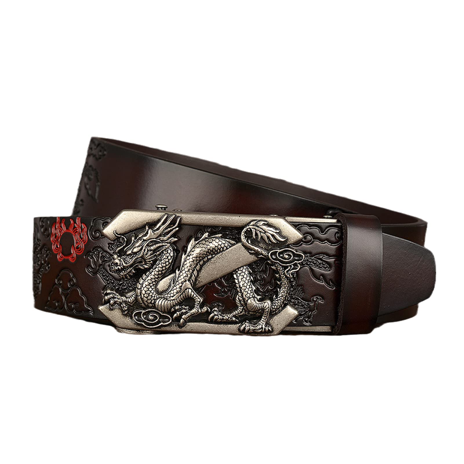 Cinturón De Trinquete Automático For Hombre, Cuero Genuino, Hebilla Dragón, Ajustable