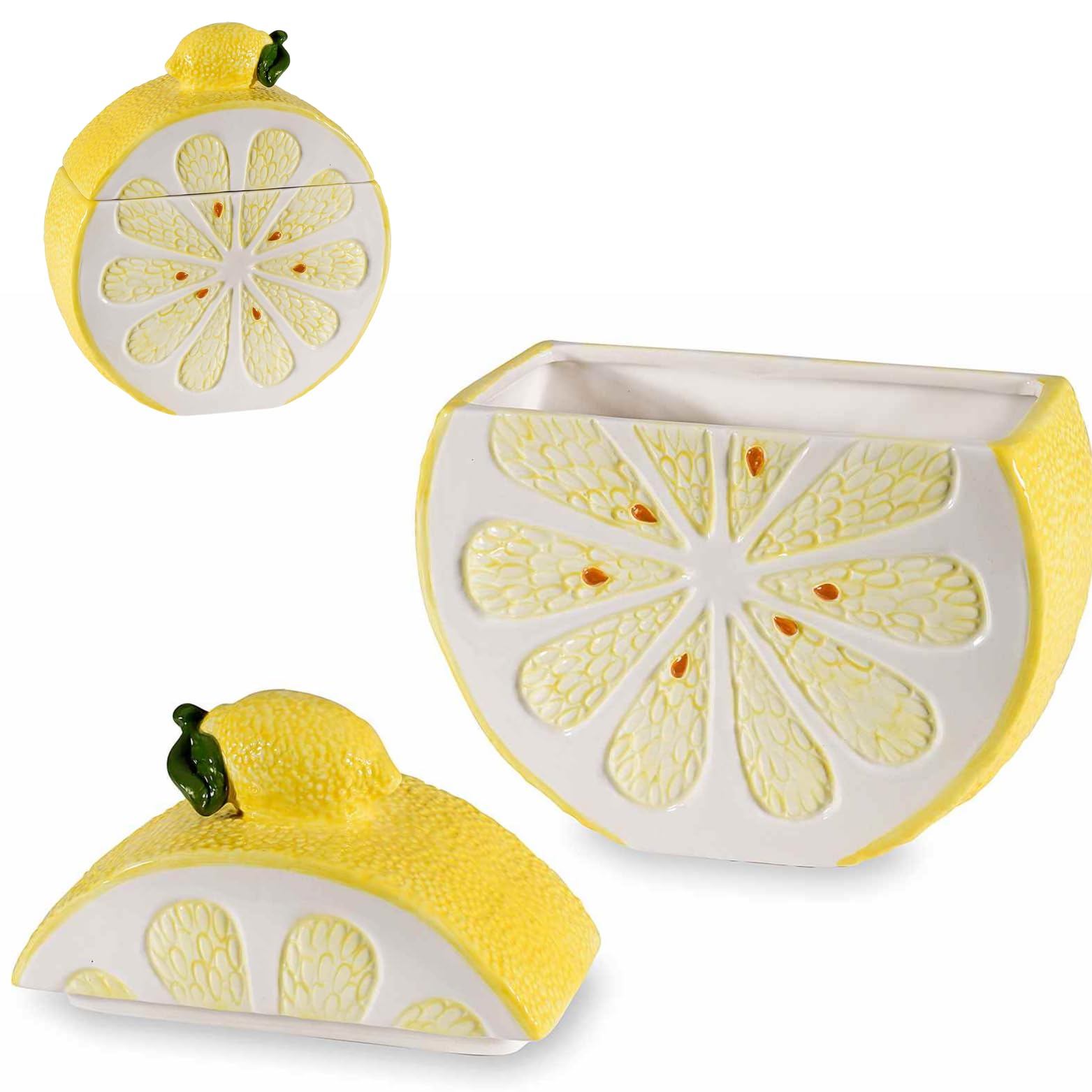 Gruppo Maruccia – Set 2 Barattoli Alimentari a Forma di Fetta di Limone – Contenitori in Ceramica con Coperchio – Biscottiere Cucina – Decorazione Mediterranea
