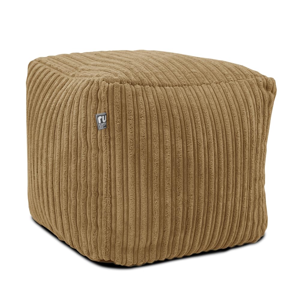 rucomfy Corduroy Cube Footstool - Machine Washable Bean Bag Pouffe for Living Room Footrests and Extra Lounge Seating - 38x38x38cm (Caramel)