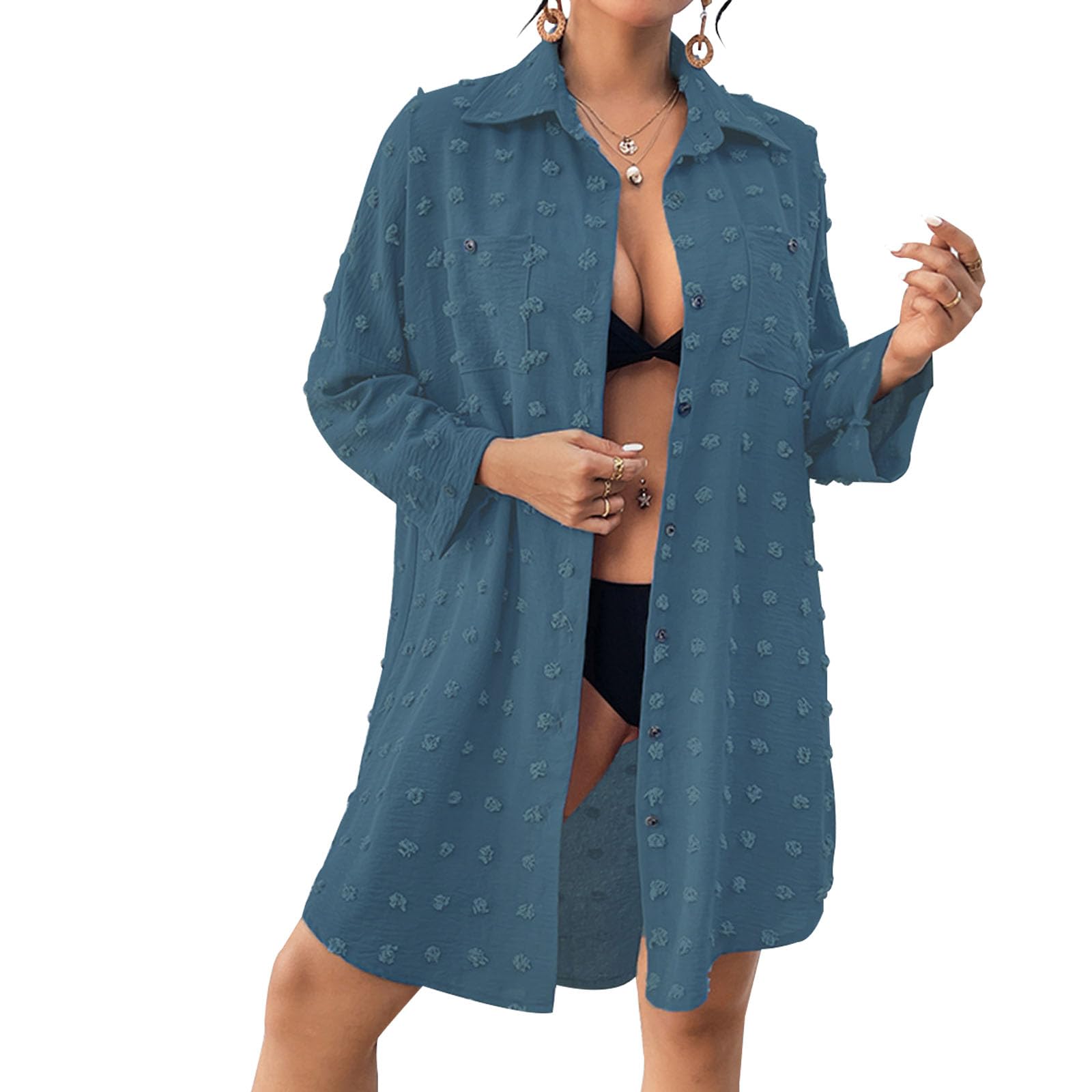 Baynetin Vestido con Botón Mujer Verano Camisas Mujer Largos Traje de Playa Casual Blusa de Cuello en V Manga Larga Traje de Baño Bikini Cover Up de Botones