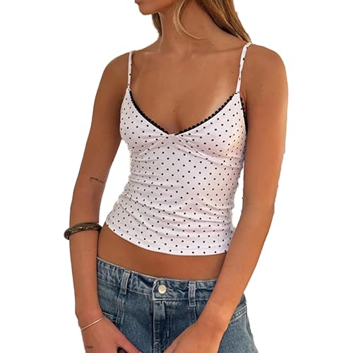 Womens Polka Dots V Neck Camisole Tops Sleeveless Fitted Y2K Tank Top Cami Teen Girls Summer Going Out Tops