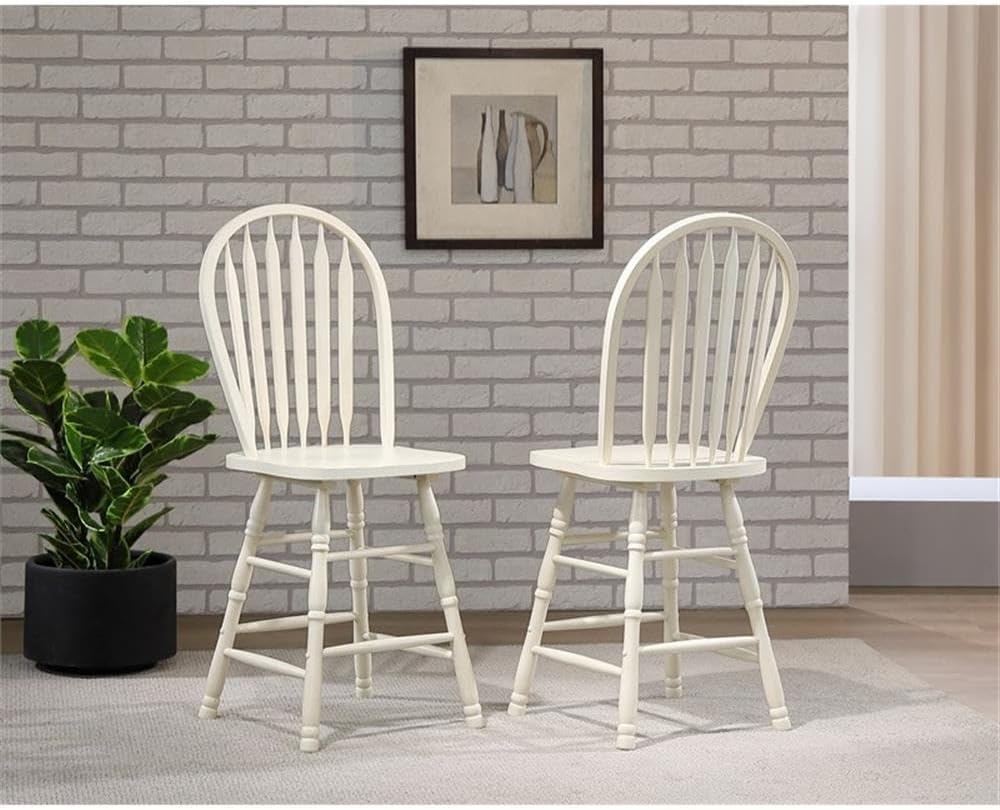Pemberly Row Arrowback 24" Solid Wood Counter Stool Set, Antique White Finish, Malaysian Oak Construction, Saddle Seat, Farmhouse Style, Stationary Bar Chair for Kitchen, Home Bar or Restaurant
