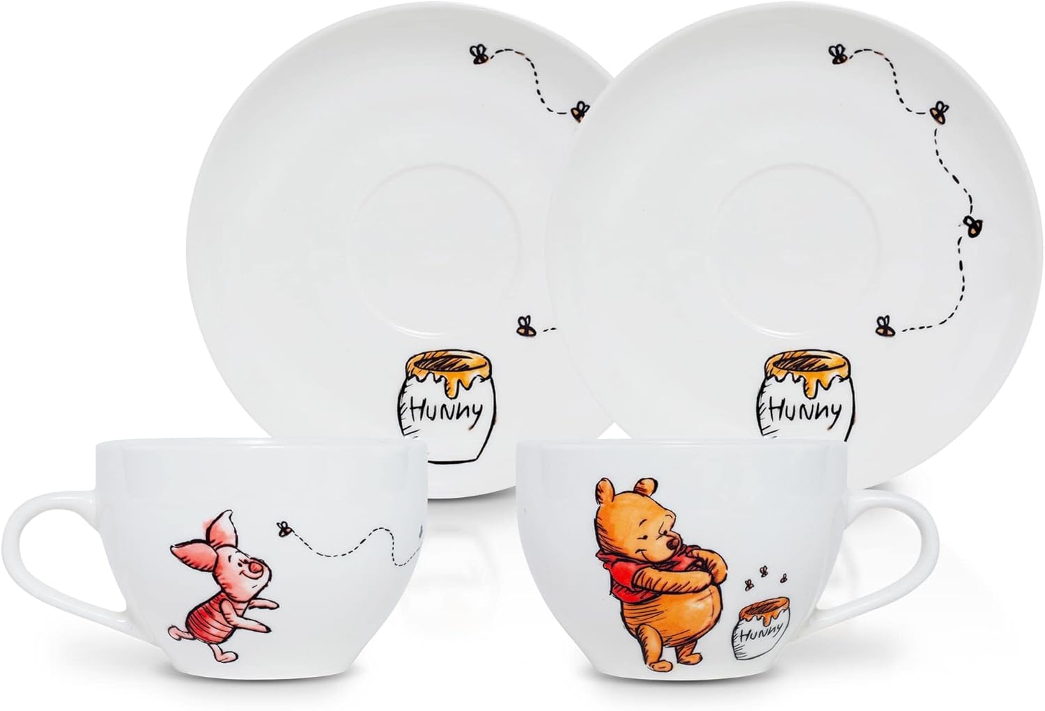 Winnie The Pooh Disney Bone China 4-Piece Teacup and Saucer Set | Tea Party With Coffee, Espresso, Mocha