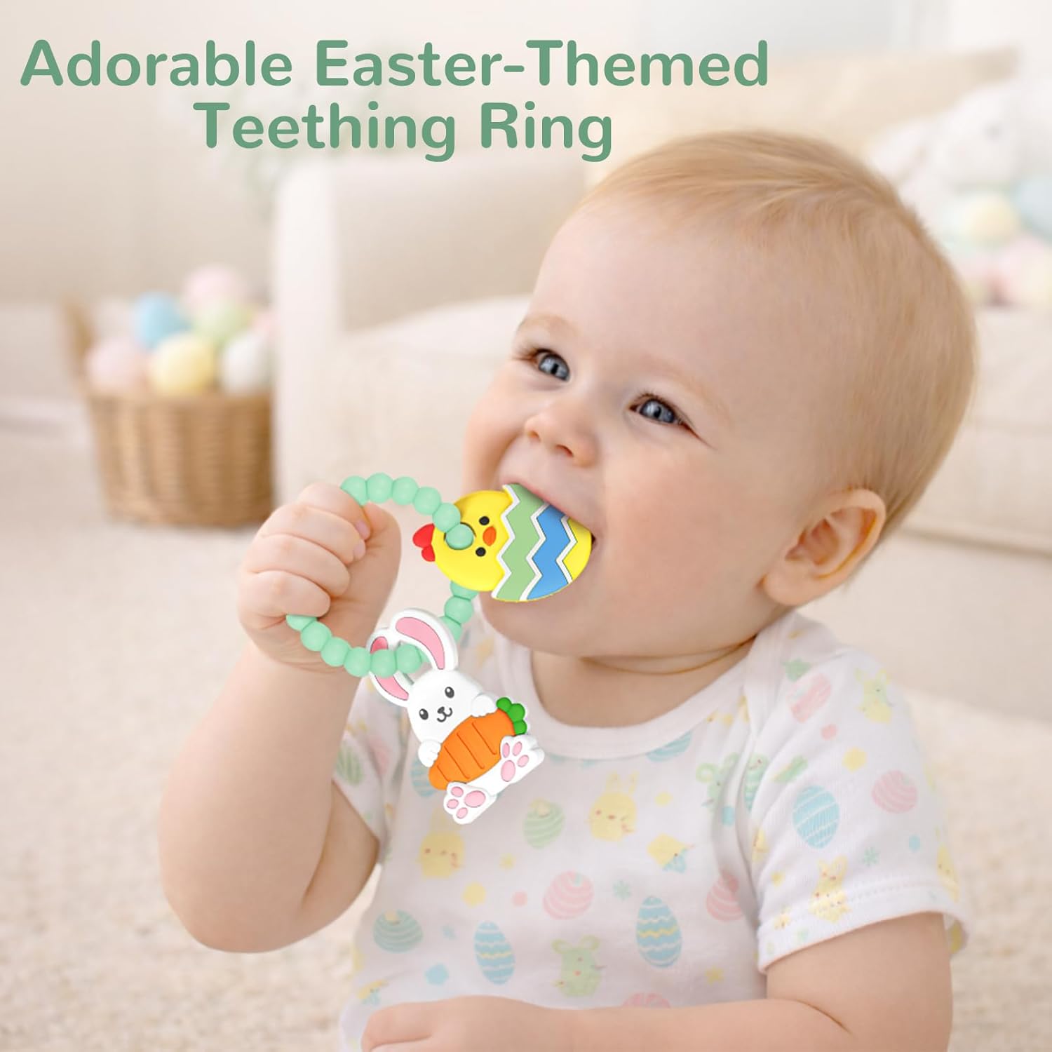 Easter Teething Ring for Baby, Bunny Carrot & Chick Egg Silicone Teether Bracelet, Sensory Chew Toys for Newborns & Infants 3–12 Months, Easter Basket Stuffers for Toddlers, Baby First Easter Gift