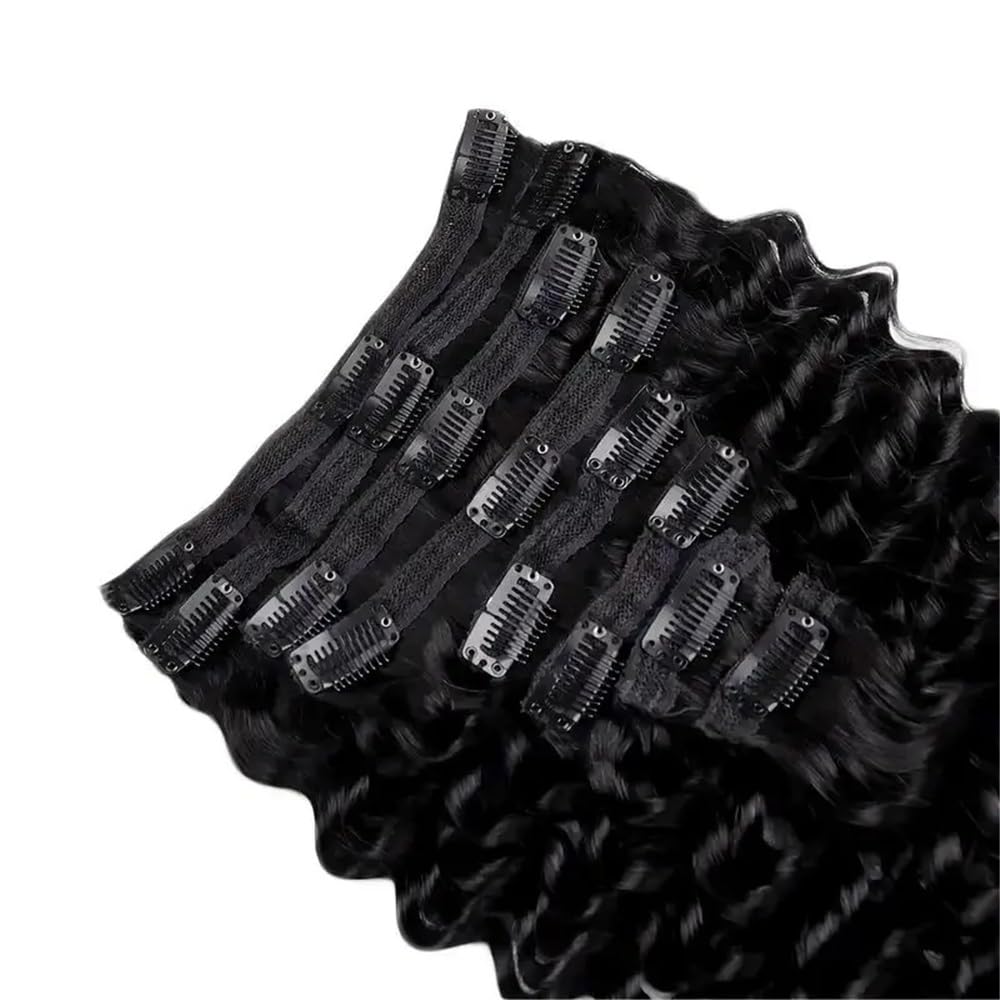 Niewidoczne Włosy doczepiane Deep Wave Clip-in, brazylijskie Remy, włosy ludzkie, grube do końcówek, naturalne, czarne Przedłużanie włosów(12inches)