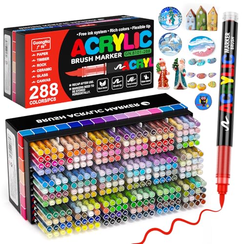 Sonlaryin 288 Couleurs Feutre Acrylique, Marqueur Peinture Acrylique Pinceau Pour Papier, Verre, Galet, Métal, Plastique, Bois, Oeuf, Céramique, Textile