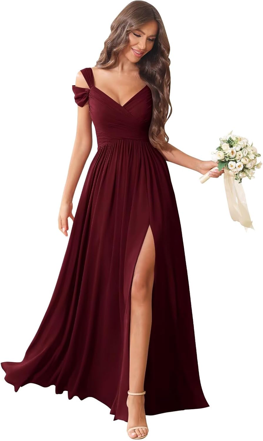Off Shoulder Chiffon Bridesmaid Dresses for Women Long Formal Gowns Wedding Guest Dress with Slit