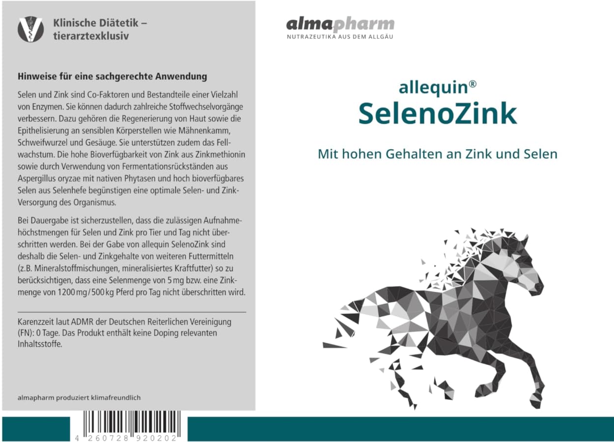 almapharm allequin SelenoZinc | 1 kg | Complemento alimenticio para caballos | Puede ayudar a compensar la falta de selenio y zinc | Puede contribuir a la regeneración de la piel y las pezuñas