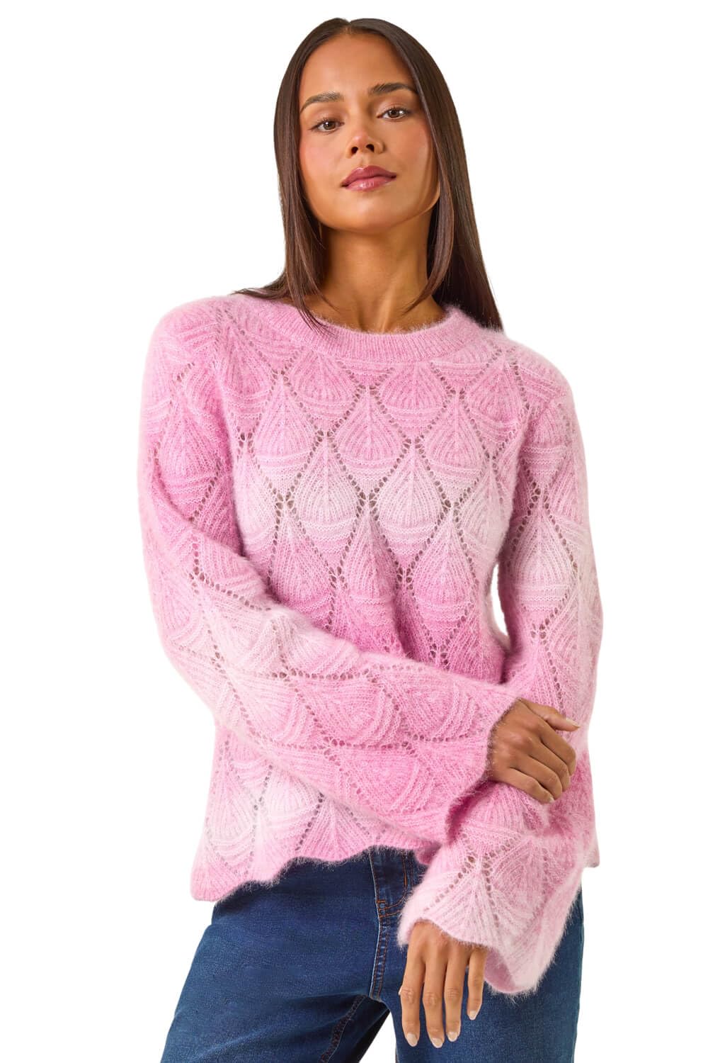 Roman Women's Pink Petite Space Dye Pointelle Knit Jumper