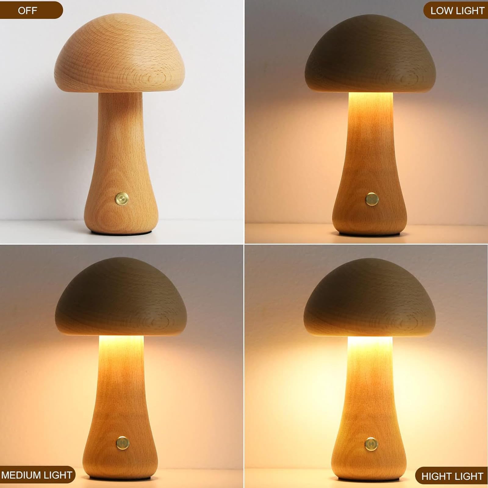 HAZARA Lámpara Forma Seta Madera Regulable Portátil con Carga USB, Lampara Escritorio Inalámbrica de LED Mini, Lampara Quitamiedos Infantil para Regalos Únicos de Vacaciones,Beech-A
