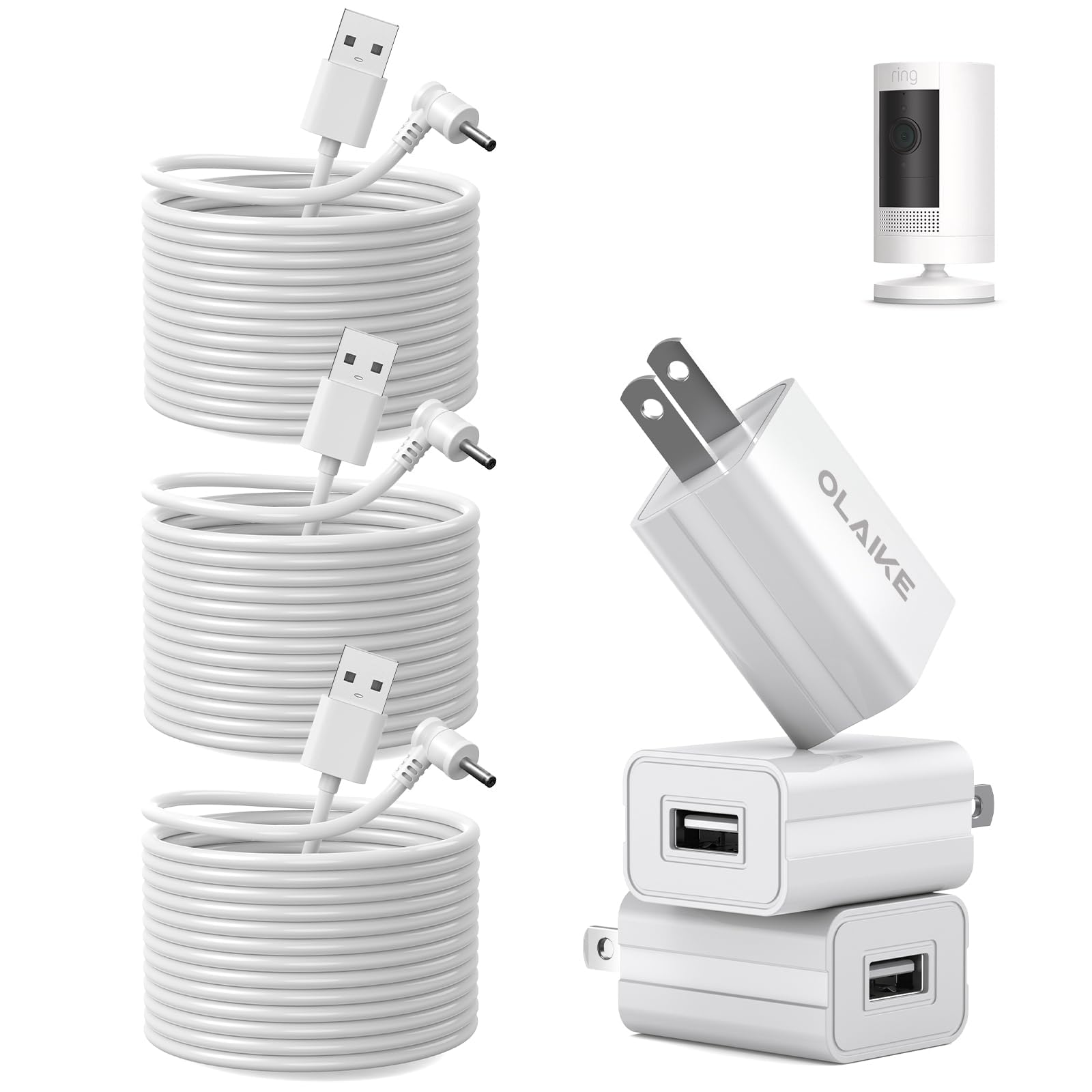 OLAIKE (3 Pack) 8m/26ft Charge Cable for Ring Stick Up Cam Battery/Plug-in &amp; Ring Spotlight Cam Battery, Weatherproof Power Adapter Keep Charge Your Camera (No Camera), White