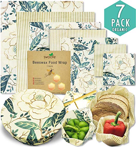 Swoofe Beeswax Food Wrap (7 PACK) - Organic Reusable, Eco Friendly, Biodegradable, Zero