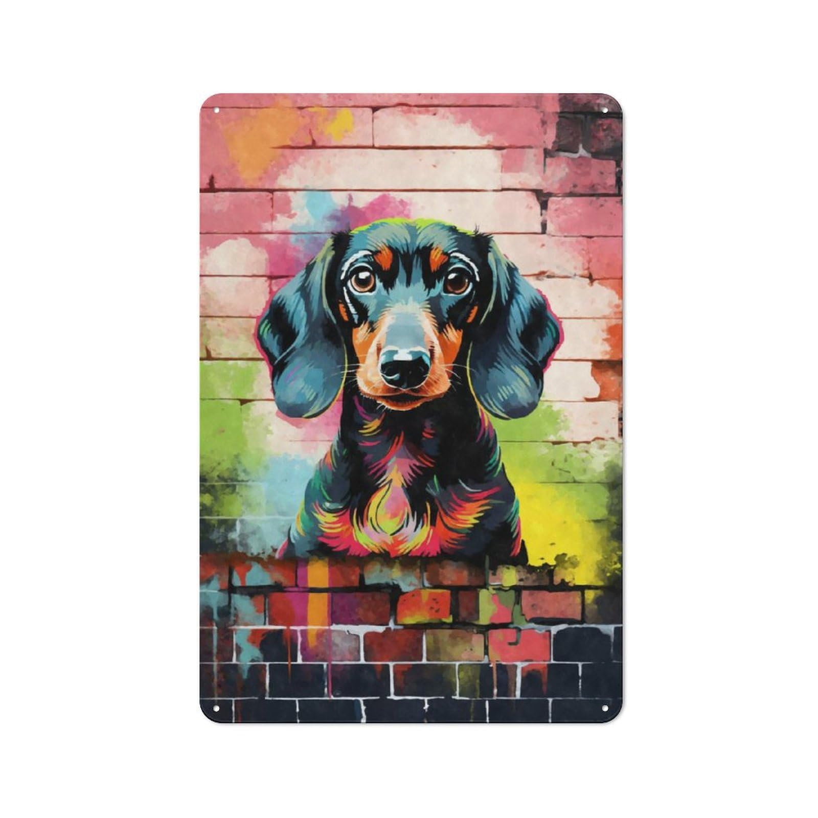 Junmoney Dachshund Dog Graffiti Retro Metal Plaque 30X20cm For Bar Or Restaurant, Suited To Restaurant Interior Fans