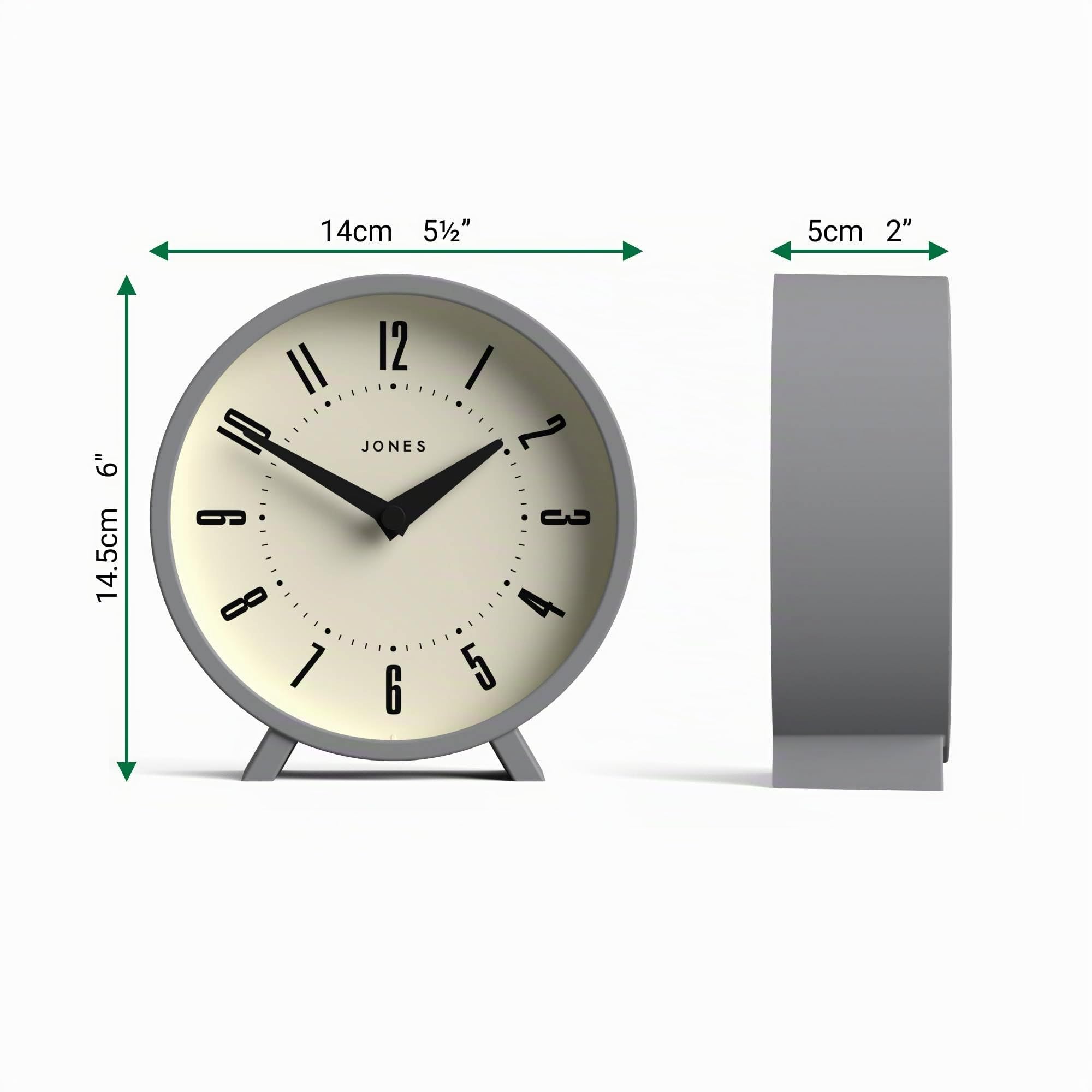 JONES CLOCKS® Venus Schreibtischuhr | Modernes runddesign | Grau | Stilvoller Retro-Look für Regal, Tisch, kaminsims oder nachttisch