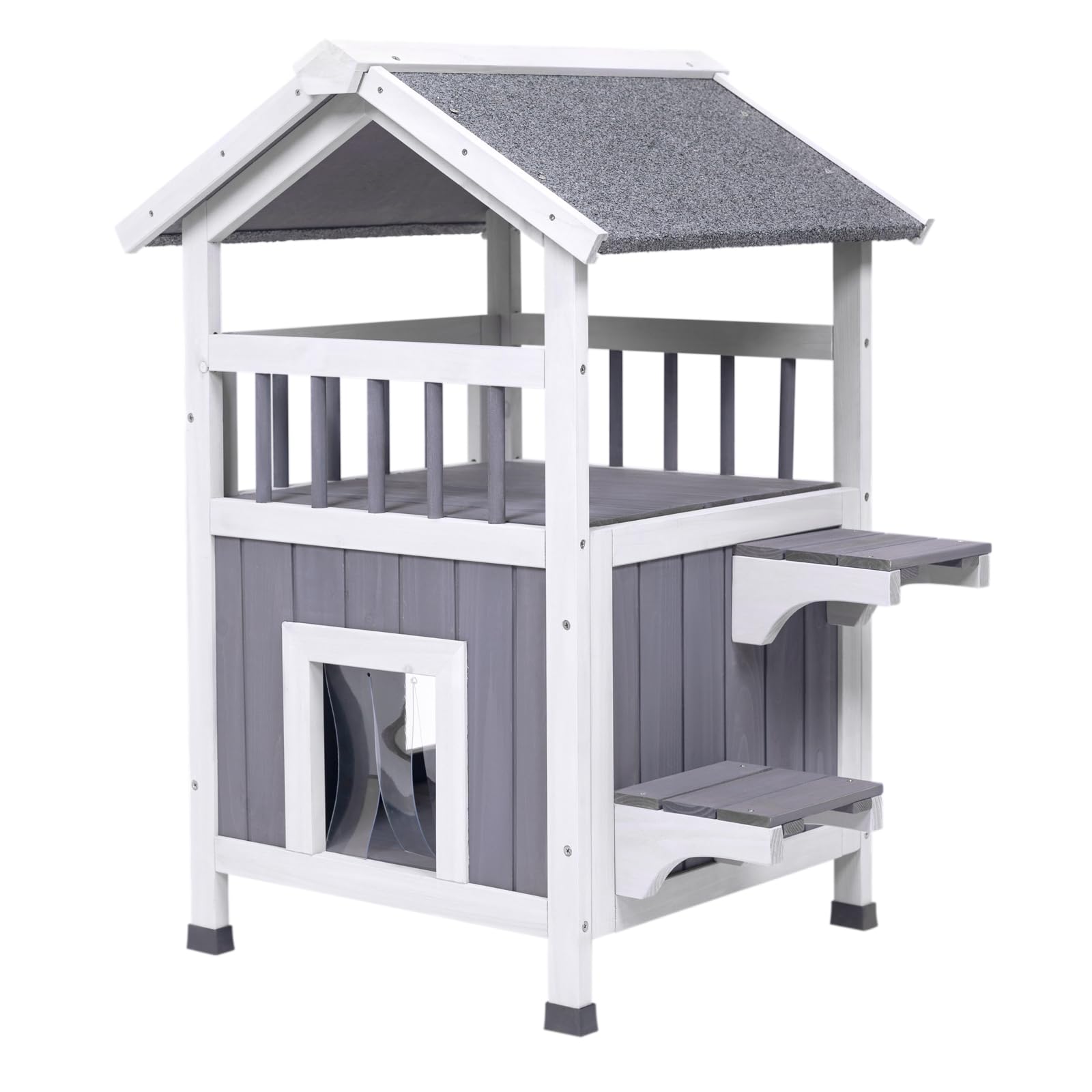 GEGURI Casa para gatos al aire libre, resistente a la intemperie, refugio de madera de dos pisos para gatos salvajes con puerta de escape, balcón