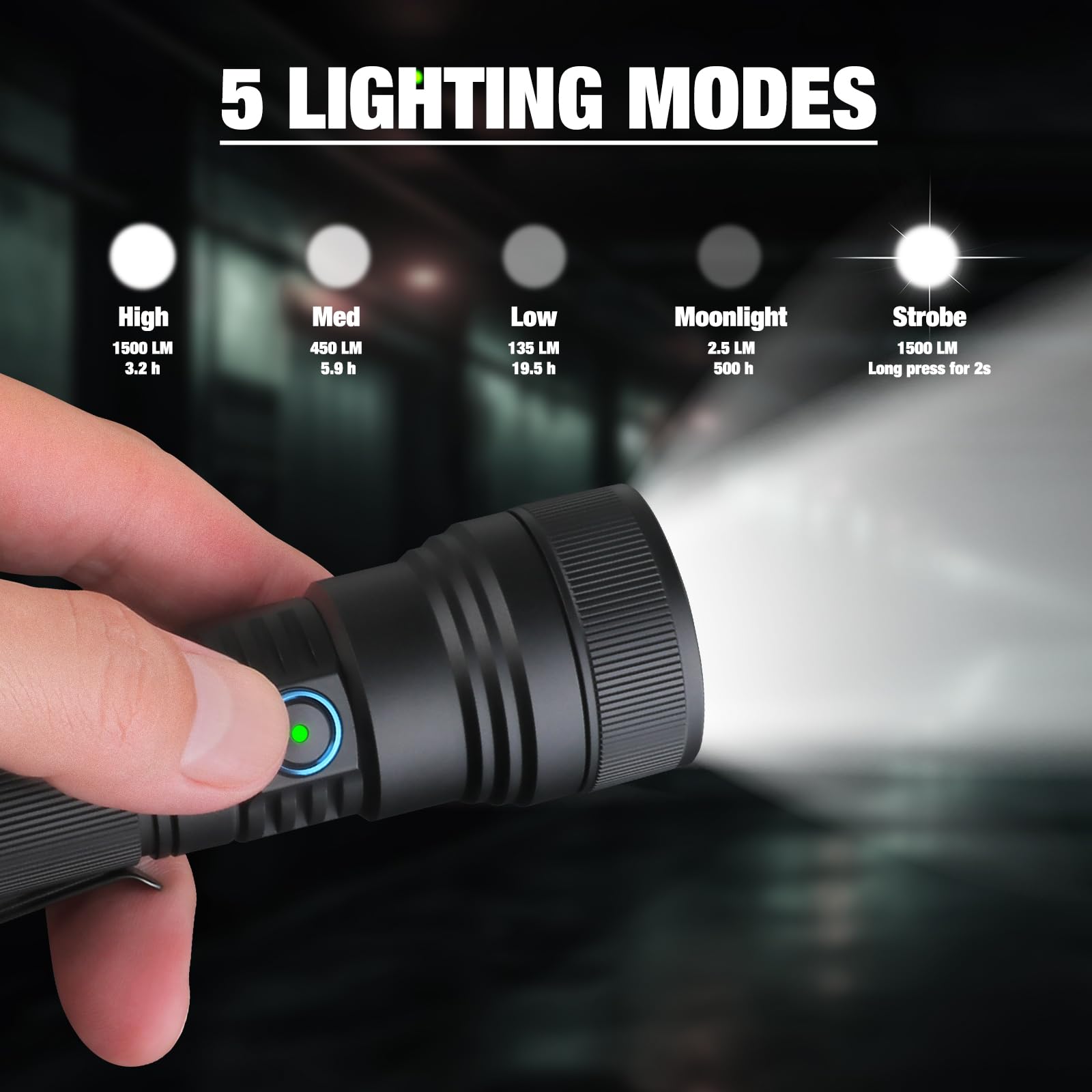 ULTRAFIRE Torcia tattica ricaricabile con fondina, 1500 lumen, torcia LED zoomabile con supporto per cintura, 5 modalità di torcia per polizia, per forze dell'ordine, sicurezza, pattuglie, UF2