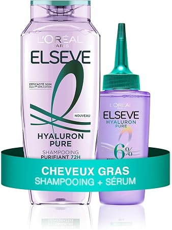L’Oréal Paris – Routine di cura dei capelli grassi per capelli grassi – purifica le radici, idrata le lunghezze – Acidi salicilico e ialuronico – Shampoo e siero purificante – Elseve Hyaluron Pure