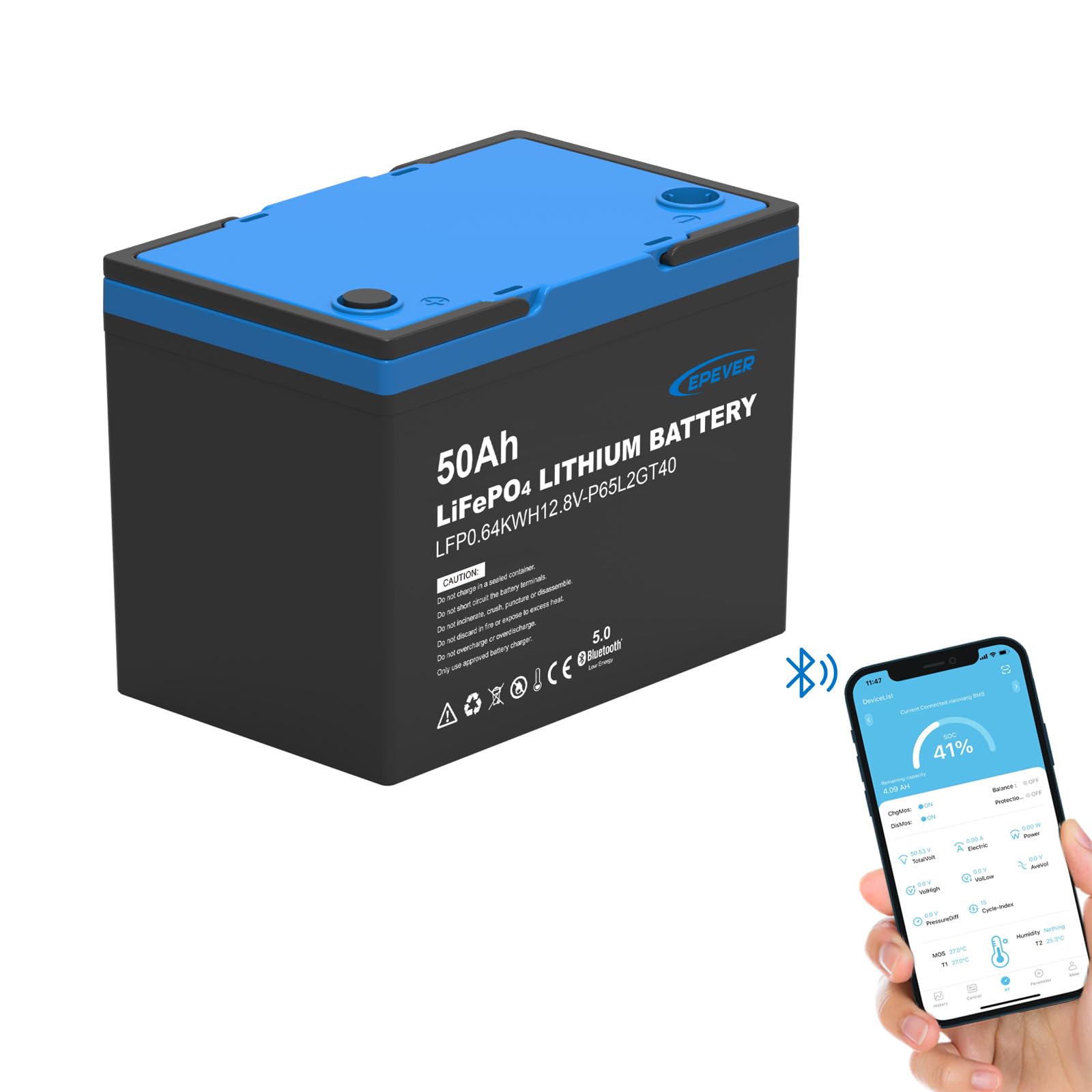 EPEVER Akumulator litowy LiFePO4 12,8 V, 50 Ah z wbudowanym BMS i aplikacją, samoczynne ogrzewanie poniżej 0°C, ogniwa LiFePO4 klasy A, nadaje się do samochodów kempingowych, łodzi, na kemping, do